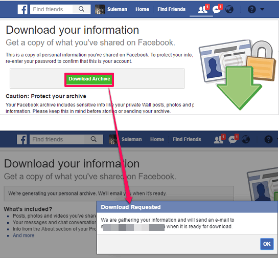 Facebook downlaod settings request