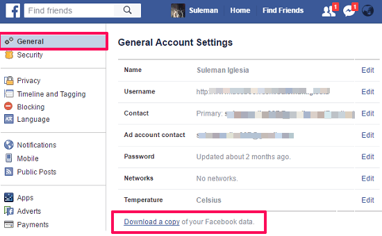 Facebook general settings download option