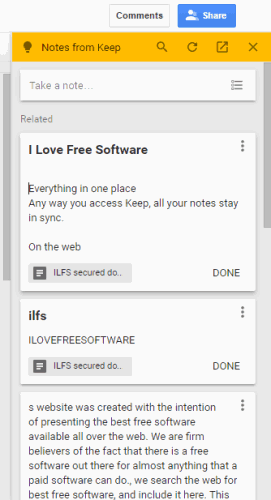 Google Keep notes visible in a sidebar