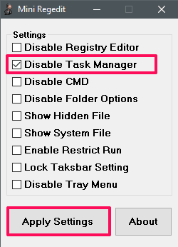 Mini Regedit disable task manager in action