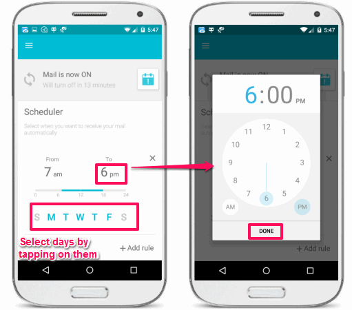 Quiet for Gmail adding specifying rule time