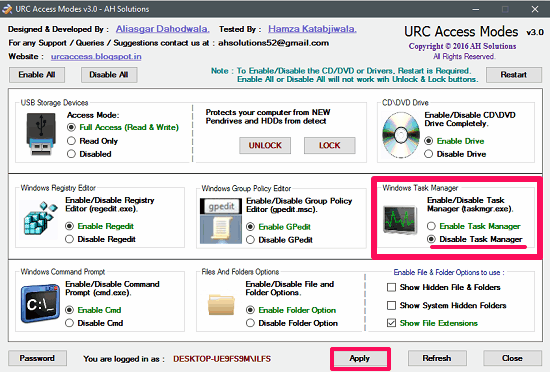 URC Access Modes disabling task manager