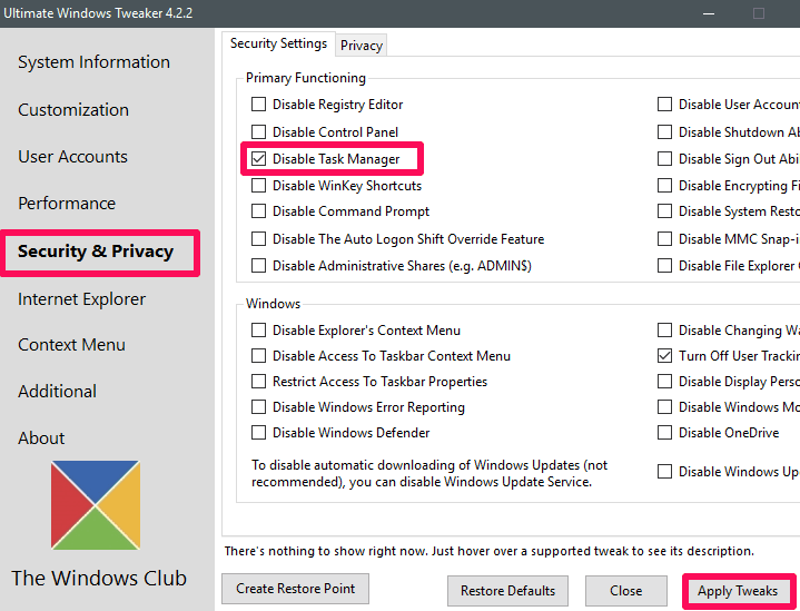 Ultimate windows Tweaker disabling Task Manager