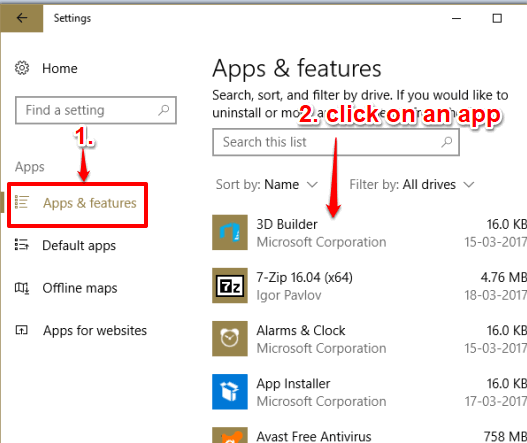 access apps and features menu and then click on an app