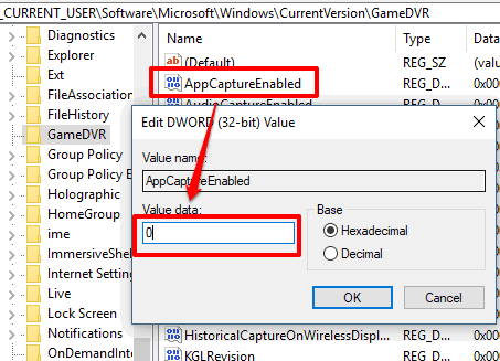 add 0 in appcaptureenabled dword value