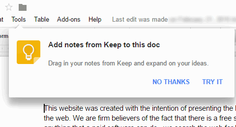 add notes from keep to this doc pop up