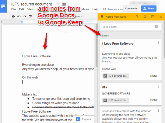 add notes to google keep from google docs document