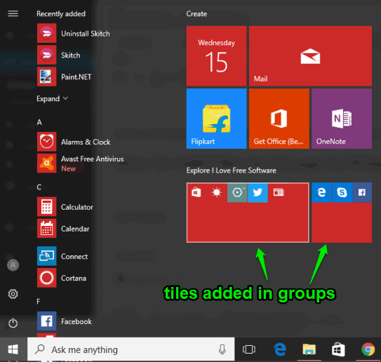 add tiles in groups in windows 10 start menu