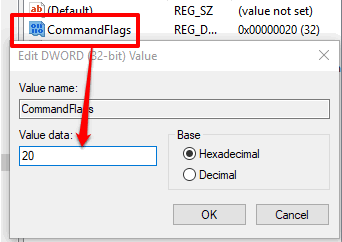 create CommandFlags dword value and add 20 in value data