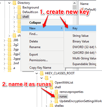 create runas key under shell key