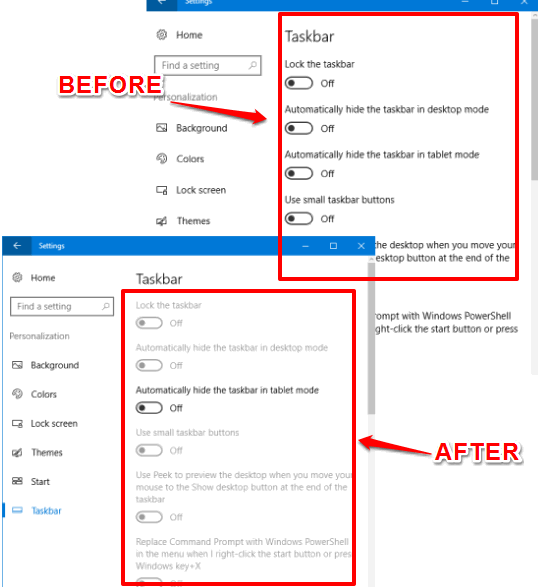 disable taskbar settings in windows 10