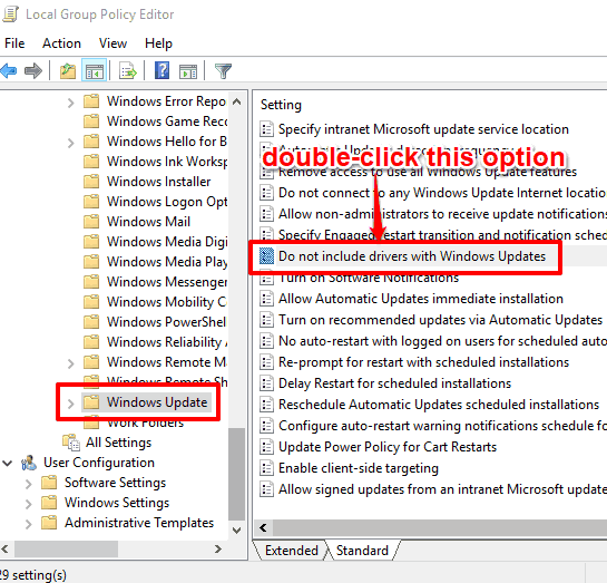 double click do not include drivers with windows update option