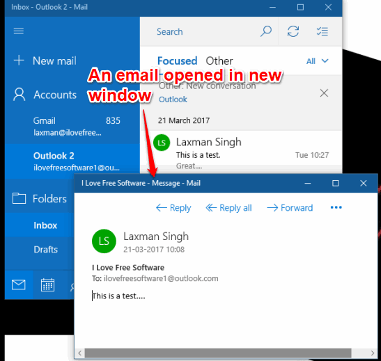 email opened in new window in windows 10 mail app