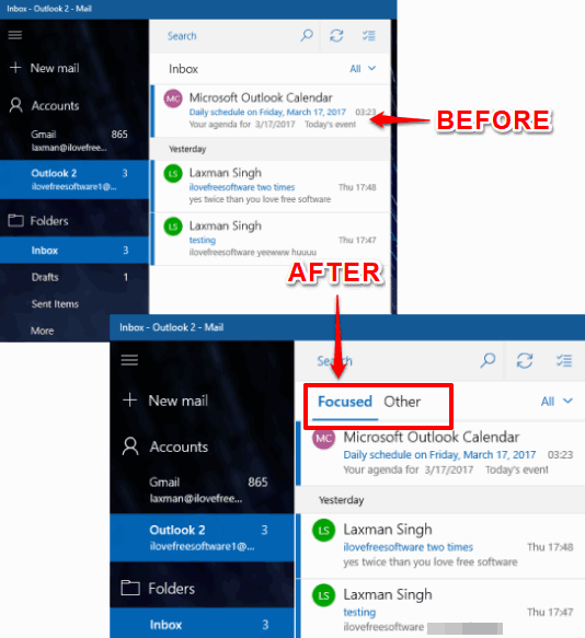 focused inbox turned on in mail app of windows 10