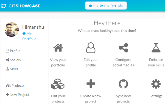 gitshowcase- dashboard- create online portfolio for your github profile