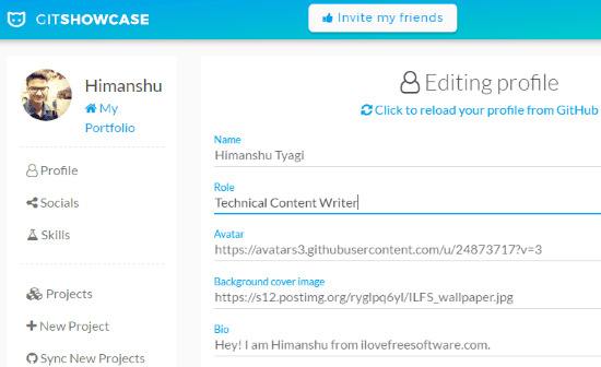 gitshowcase- edit profile- create online portfolio for your github profile
