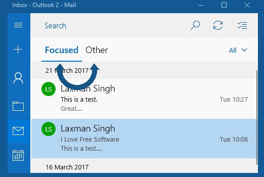 how to move emails to focused or other inbox in windows 10 mail app