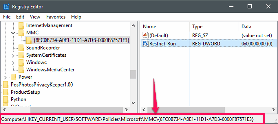 navigating to the Restrict run key in registry editor