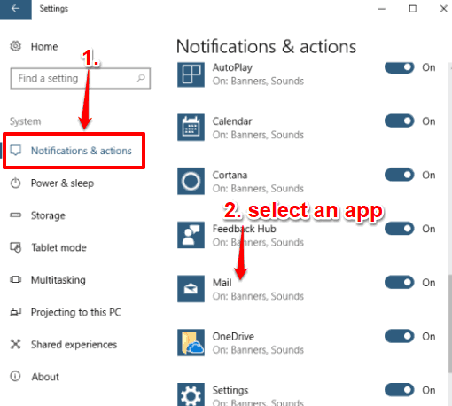 select an app under notifications and actions