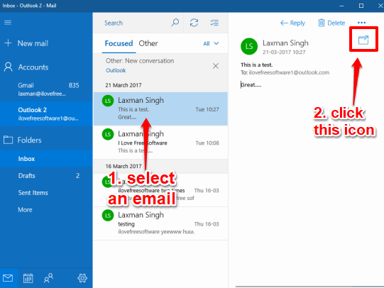 select an email and click open message in new window option