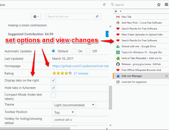 set options and view changes side by side