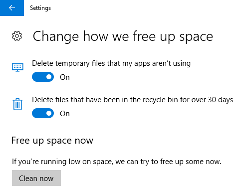 set options to free up disk space