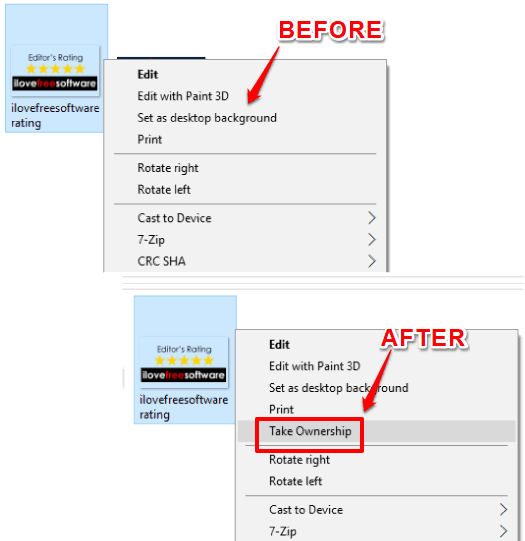 take ownership option added in windows 10 context menu