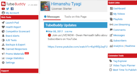 youtube channel manager tubebuddy interface