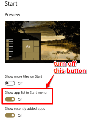 turn off show app list in start menu button