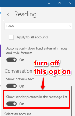 turn off show sender pictures in the message list