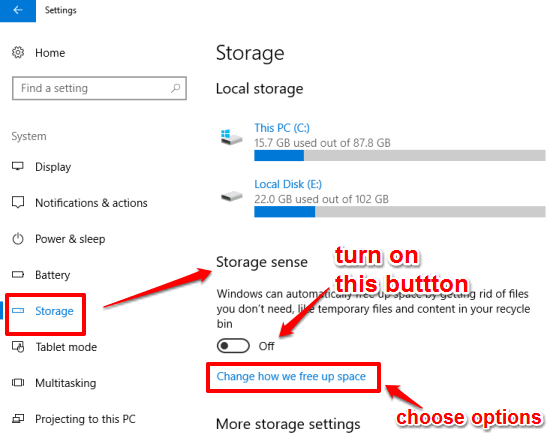 turn on storage sense in Storage option