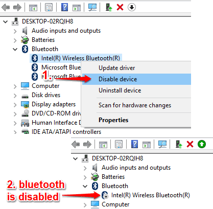 use disable device option to disable bluetooth
