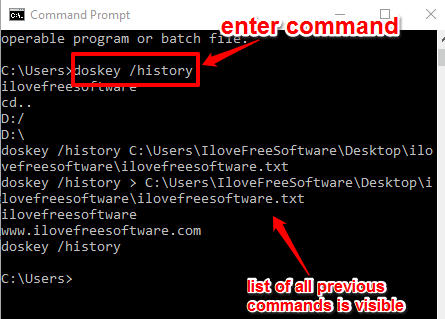 view list of previous commands within cmd window