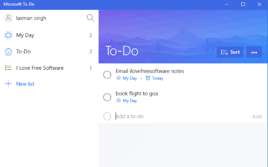 Microsoft To-Do app- interface