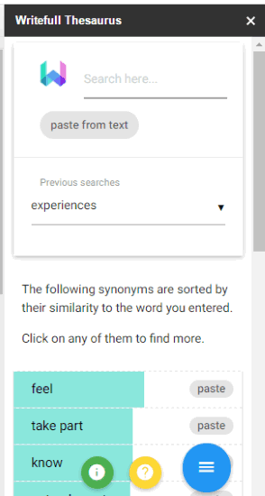 Writefull Thesaurus sidebar