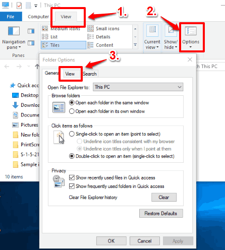 access options of view menu in file explorer