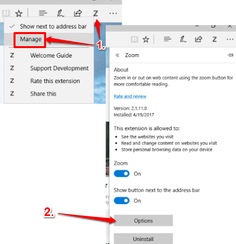 access options of zoom extension