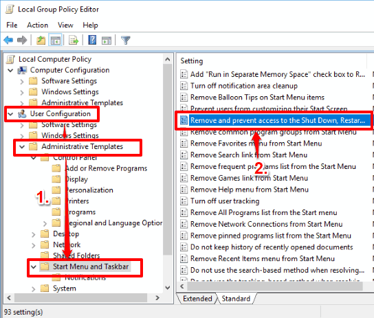 access remove and prevent access to the shut down option