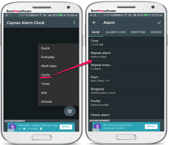 android app to set recurring alarms- cayanax alarm- select cyclic timer