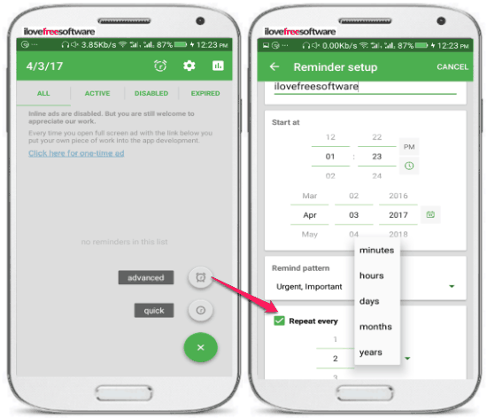 android app to set recurring alarms- remind alarm clock- set recurring alarm