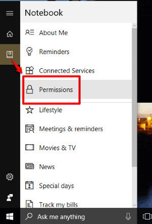 click permissions option