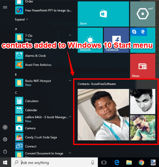 contacts added to windows 10 start menu