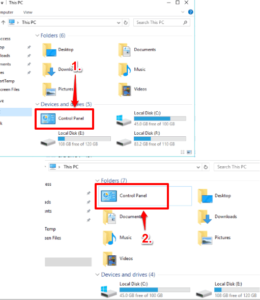 control panel added to file explorer in windows 10