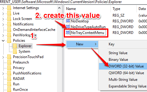 create NoTrayContextMenu dword menu
