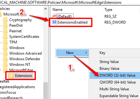 create extensionsenabled dword value