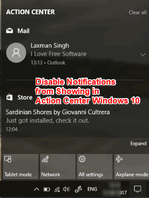 disable notifications from showing in action center windows 10