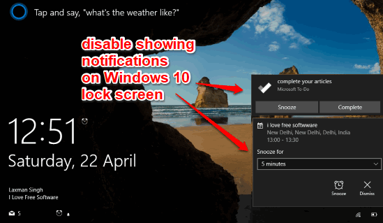disable showing notifications on windows 10 lock screen