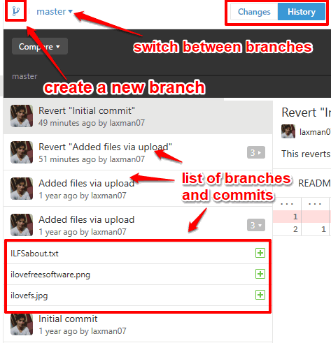 middle section to view list of branches and commits