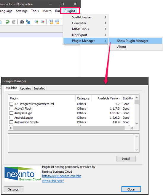 notepad ++ plugin manager