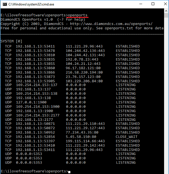 openports listing all open ports